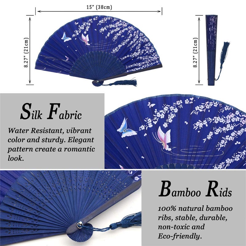Zolee 2 PCS Small Folding Hand Fans for Women - Chinese Japanese Vintage Bamboo Silk Fans - for Dance, Performance, Decoration, Wedding, Partyï¼ŒGift (White Rose & Blue Sakura) - Image 2